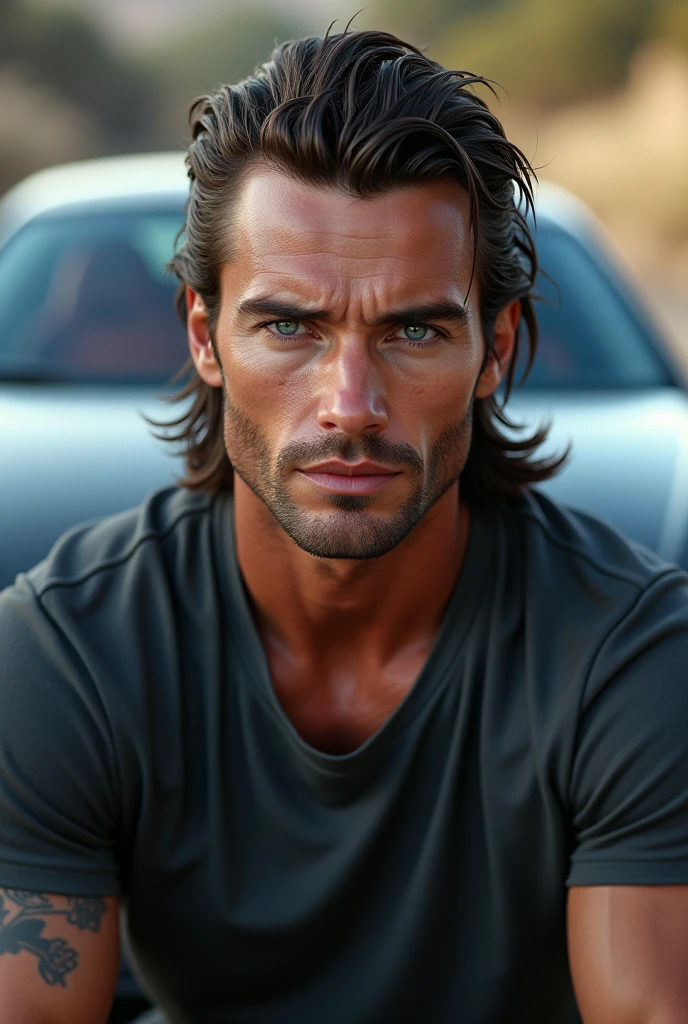 Handsome guy with mullet haricut, blue eyes, T shirt, Audi R8 v10