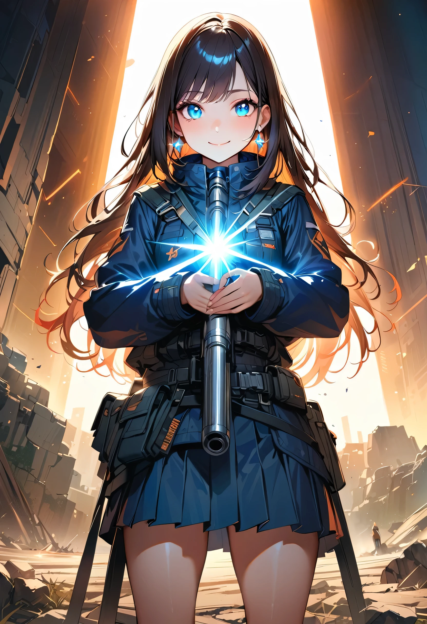 masterpiece, Highest quality, (((Ruined battlefield)))、(((Smile invincibly)))、Raising awareness, Large firearms, プラチナEarrings, Platinum Necklace, Black combat suit,Carrying a weapon, One Girl, cute, (Dynamic Lighting:1.2), Cinema Lighting, Delicate facial features, Detailed eyes, Sharp pupils, Realistic student, Written boundary depth, ボケ Written boundary depth, Sharp focus, (Very detailed, bloom, Shine:1.4), Lots of little gems, (((long_hair))), Twin tails、Earrings、分けた前hair、銀hair、whole body、Ultra close-up footage、The top is transparent up to the chest.、See-through design。The bottoms are a very short navy blue pleated skirt.、Fits snugly around the waist。The background is simple white.、this、The text is easier to see.。The light source is a soft light from the front....、The overall atmosphere is bright and clean....。