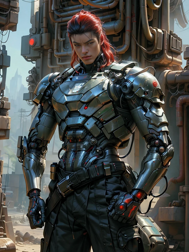Martial Arts Man as Robot Warrior,Stand up straight and T-post(top quality、8k、32K、masterpiece、nffsw:1.3)、(Ultra-high definition)、(realistic:1.4)、raw photo,perfect eyes,Attractive perfect look,take action:1.2,Detailed cyberpunk fashion、A giant male cyborg with a Mexican vibe, copper skin, A background with a Mexican feel