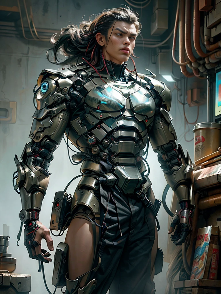 Martial Arts Man as Robot Warrior,Stand up straight and T-post(top quality、8k、32K、masterpiece、nffsw:1.3)、(Ultra-high definition)、(realistic:1.4)、raw photo,perfect eyes,Attractive perfect look,take action:1.2,Detailed cyberpunk fashion、A giant male cyborg with a Mexican vibe, copper skin, A background with a Mexican feel