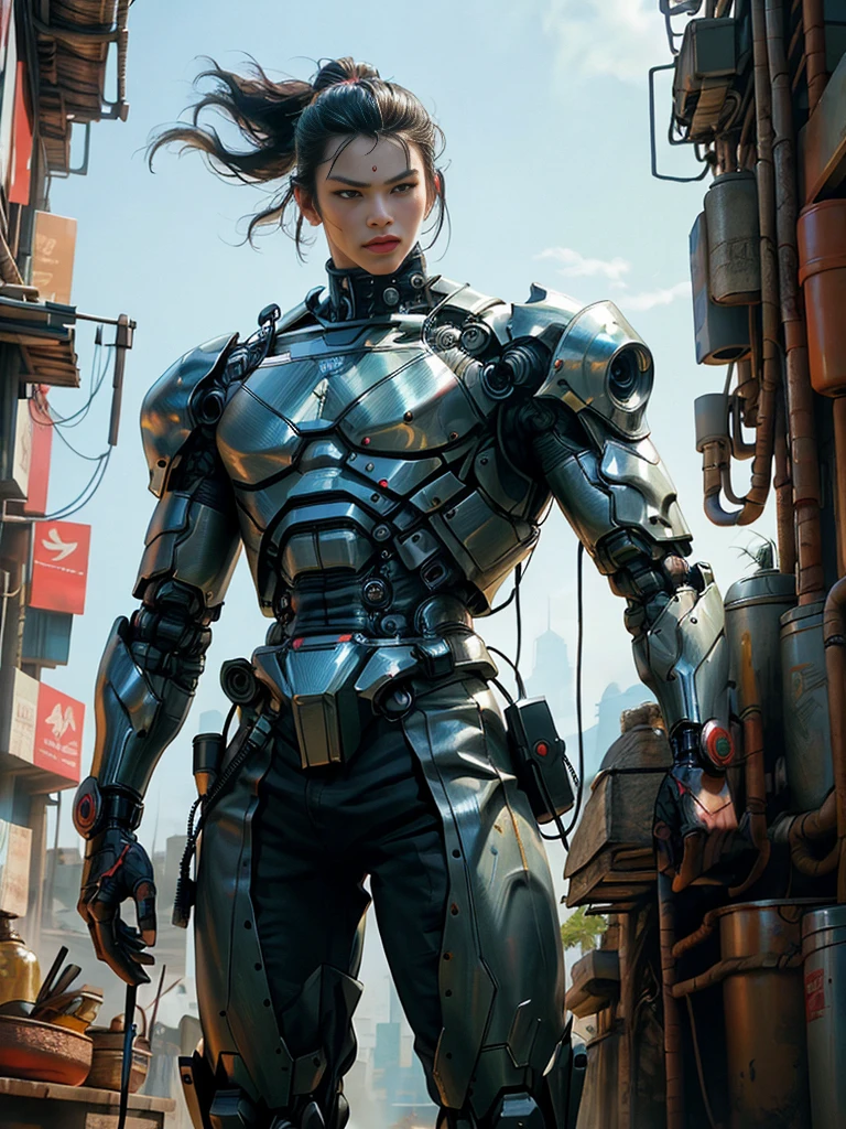 Martial Arts Man as Robot Warrior,Stand up straight and T-post(top quality、8k、32K、masterpiece、nffsw:1.3)、(Ultra-high definition)、(realistic:1.4)、raw photo,perfect eyes,Attractive perfect look,take action:1.2,Detailed cyberpunk fashion、A giant male cyborg with a Mexican vibe, copper skin, A background with a Mexican feel