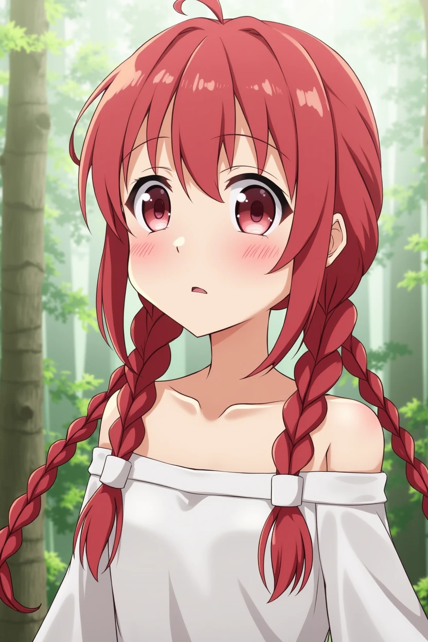 ((best quality)), ((masterpiece)), (detailed), 1 Girl, (Big forehead:1.2),extremely detailed cute anime face, (((flat chest))), (flat chest:1.1),((((long double braids,tight braids,Long braids,Braided Hair,Long hair)))),Complex eyes,beautiful detailed eyes,Symmetrical eyes,(((detailed face))),beautiful detailed lips, Look at this, (((Awkward))),(Frightened expression),(panic),(cry),high resolution,(best quality),(ultra detailed,extremely detailed),Perfect face details, ((masterpiece:1.4, best quality))+, (ultra detailed)+, Long twin tails, Cute girl, (flat chest:1.1), Small Breasts, slim, Skinny, Narrow hips, Protruding collarbone, Skinny arms, Flat belly, Visible hip bone, Long hair, Red hair, White hair, Blonde Hair, Black Hair, Ponytail, thick Ponytail, heavy Ponytail, Small Breasts, Perfect face, Small Breasts (flat chest:1.1), National Science Foundation, Long off-shoulder dress,Detailed body,Complete limbs,(From the back), (veer), National Foundation, (flat chest:1.1), Wildlife, jungle, nature
