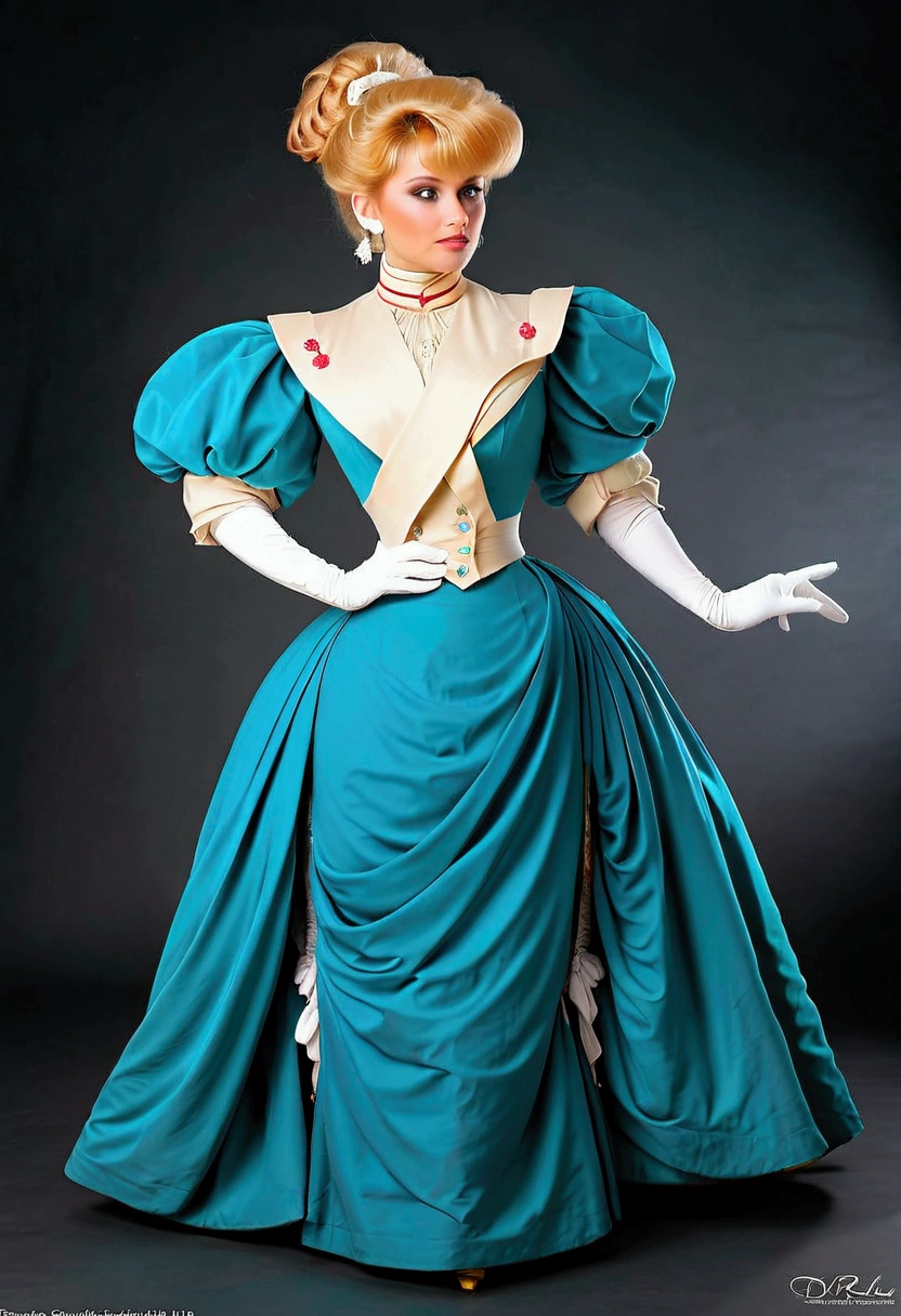 1girl, 1man. Humanized Daisy Duck as a hot **** Gibson Girl, seducing a horny 69yo gentleman. 1890s fashion. Victorian high-collar turquoise dress with long puff sleeves cuffed into wrist-high white silk gloves. 1890_dr3ss. Strawberry blonde hair 