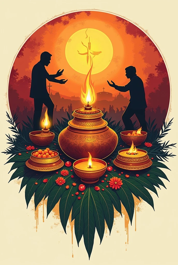 Create a logo for 'Tamil Samaj' at 'St. Charles Seminary' that incorporates symbols representing major Tamil Nadu festivals such as Pongal (with a pot and sugarcane) and Karthigai Deepam (traditional lamp). Include icons or representations of Tamil Nadu freedom fighters like Bharathiyar, VOC, and Veerapandiya Kattabomman. The logo should blend these cultural elements with the academic and spiritual essence of the seminary. Use traditional Tamil colors like rich reds, golds, and greens, with a circular or shield-like design. The text 'Tamil Samaj' and 'St. Charles Seminary' should be prominently displayed."