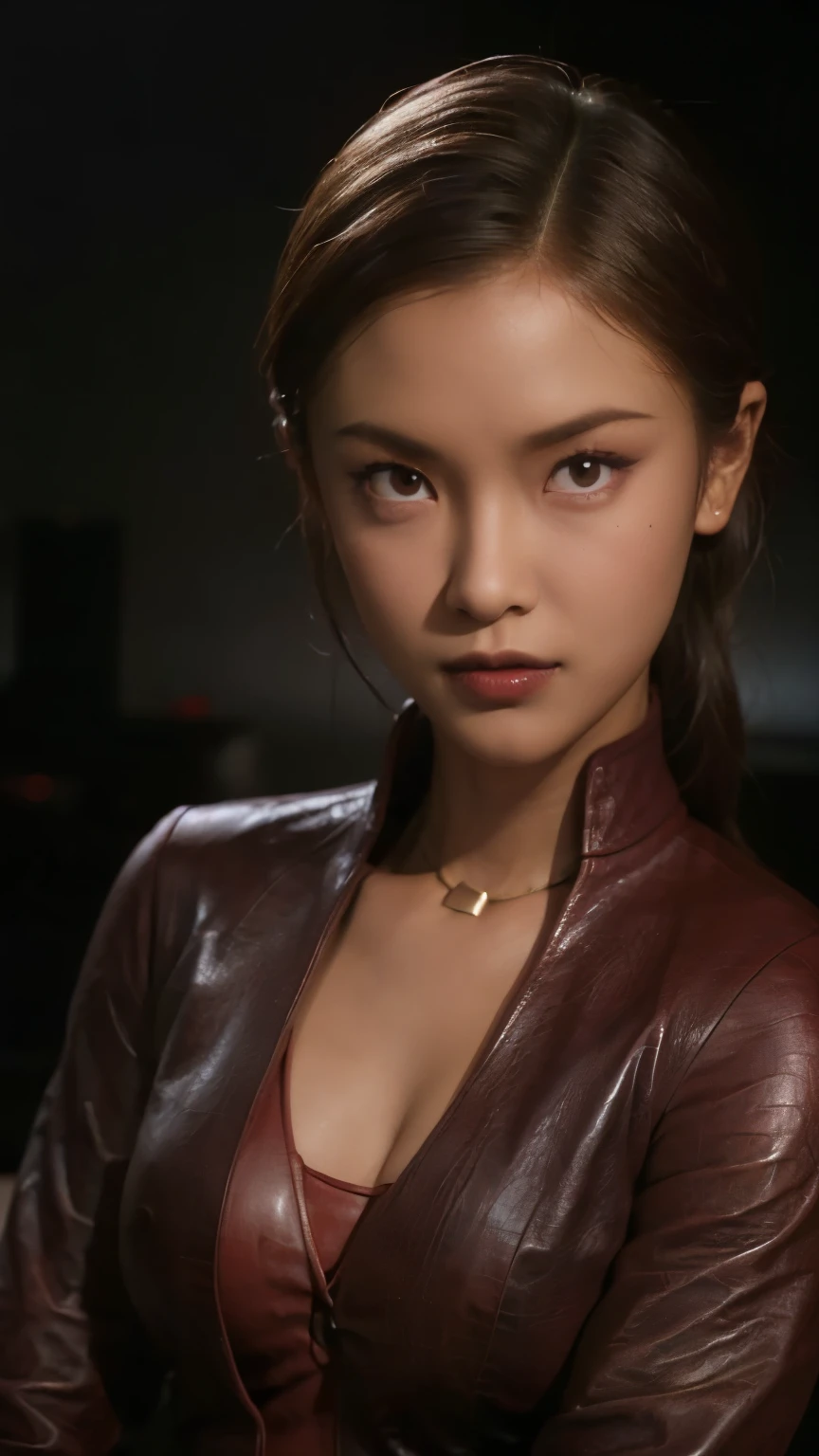 Best Quality, realist, Black background, KristannaTX, (an indonesian supermodel), (arms outstretched:1.0), (Wine red leather jacket) (buttoned jacket:1.1), seductive smile, (dark hair), (collected:1.0), Perfect eyes, sharp details, detailed face, (face makeup), (blushing cheeks), (eyeliner), (eyedarkness), (lipgloss:1.0), neckline, d cups breasts, (Dark), (darkness), (Macro Photography:1.1)