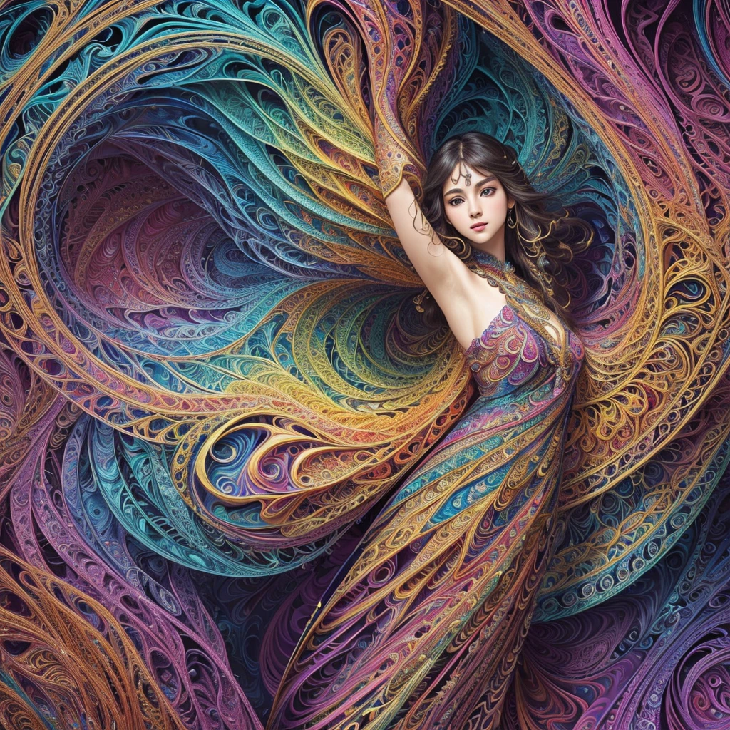 (masterpiece, top quality, best quality, official art, beautiful and aesthetic:1.2), (1girl:1.3), extremely detailed,(fractal art:1.2),colorful,highest detailed,(zentangle:1.2), (dynamic pose), (abstract background:1.5), (treditional dress:1.2), (shiny skin), (many colors:1.4), upper body
