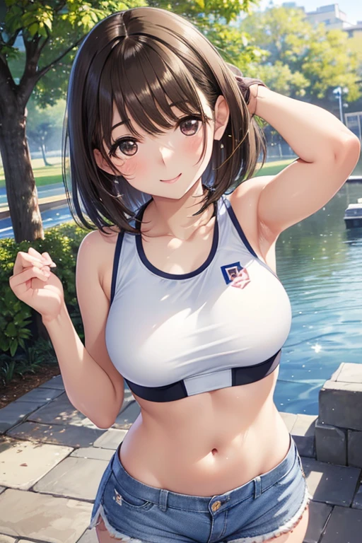 anegasaki nene、Shiny brown hair, short hair, (Beautiful brown eyes、Sparkling eyes, Fine grain)、smile、Ultra-detailed eyes、Highly detailed face, Highly detailed eyes,



((masterpiece)),(((Highest quality))),Realistic photos、18-year-old、beautiful sports girl、((White sports bra、Shorts))、Raise your arms、Show me your armpits