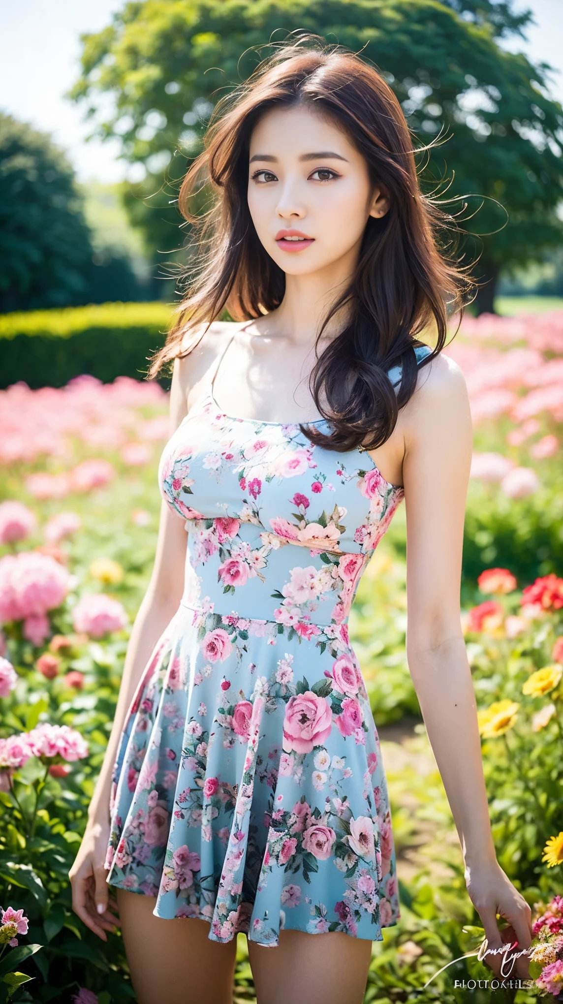 Dark brown hair、Light brown eyes、The Face of Japan、 Lady、I am about 20 years old.....1 person、(Intricate details:1.2)、 (超High resolution:1.2)、超High resolution、(Finely tuned)、8k resolution、D cup size breasts、Long Hair、masterpiece，highest quality、(highest quality,4K,8k,High resolution,masterpiece:1.2),Very detailed,(Realistic,photoRealistic,photo-Realistic:1.37),Fashion Photography,, Beautiful fine details, Deep sorrow、Beautiful lip detail, Long eyelashes,  Stylish makeup, Lively, Gorgeous Model, Pose with confidence, Sensual expression, Modern photography techniques, A striking contrast of light and shadow, Soft and natural lighting, Light skin, , Add a pop of color to your lips, Dramatic background in vibrant colors, Artwork, Mysterious atmosphere, The whisper of the wind blowing through her hair, Graceful and elegant posture, Bokeh effect, (((Floral flowing short dress))), Exquisite accessories, Bold and creative fashion choices, Windmill in the background、Standing in a field surrounded by colorful flowers, (((spring))), sunset