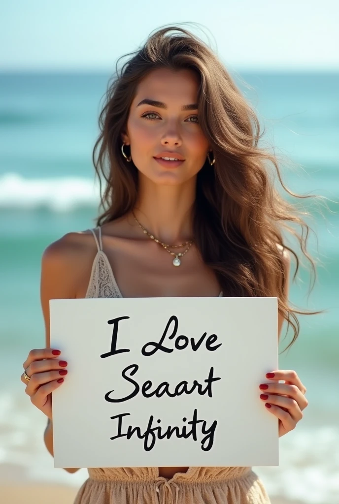 Beautiful girl with wavy long hair, bohemian dress, holding a white board with text "I Love Seaart Infinity" and showing it to the viewer