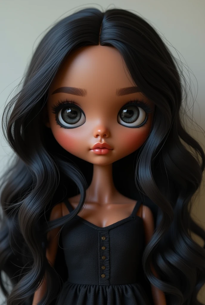 Blythe doll medium brown skin Long wavy black hair, no bangs middle part hair and black eyes.