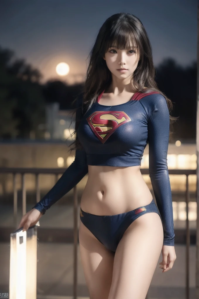 18 year old Japanese woman, Black long Hair, Dark Theme, Calm tone, Calm colors, High Contrast, (Natural skin texture, Soft Light, sharp), Night Sky, full moon, Full body photo:1.8, huge breasts:1.8, Small waist, belly button, wearing supergirl_cosplay_outfit, sticks snugly to the body, Thighs, Realistic Face, roof of the building, standing, Hyperrealism, masterpiece, anatomically correct, high details, high quality