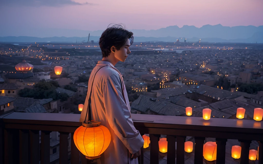 A handsome young man in white clothes with windblown hair standing thoughtfully on a balcony at dusk, gazing over a vast cityscape illuminated by floating lanterns in a twilight sky, creating a dreamlike and magical atmosphere. The primary light source is the twilight sky, casting soft shadows and delicate highlights on his hair and clothes. The color scheme features cool blues and purples, with contrasting warm orange and red lanterns. The scene conveys a sense of serenity, fantasy, and a touch of melancholy, with the young man's pose and expression suggesting contemplation or longing. The wind adds a dynamic element, bringing life to his hair and clothes, and the lanterns gently rise, enhancing the magical ambiance. The city lights twinkle like stars, adding depth and detail to the background.