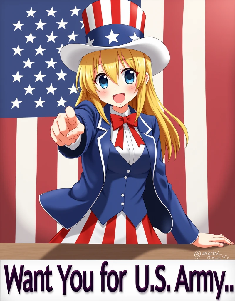 Young beautiful woman,(Highest quality,Extremely detailed depiction,Incredibly absurd high resolution,Anatomically accurate depiction),Woman dressed as Uncle Sam,Blonde,Pointing at the screen,American Poster,Text at the bottom of the picture,article:I Want You for U.S. Army,anime,