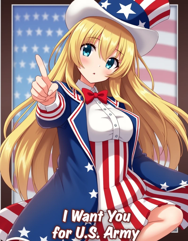 Young beautiful woman,(Highest quality,Extremely detailed depiction,Incredibly absurd high resolution,Anatomically accurate depiction),Woman dressed as Uncle Sam,Blonde,Pointing at the screen,American Poster,Text at the bottom of the picture,article:I Want You for U.S. Army,anime,
