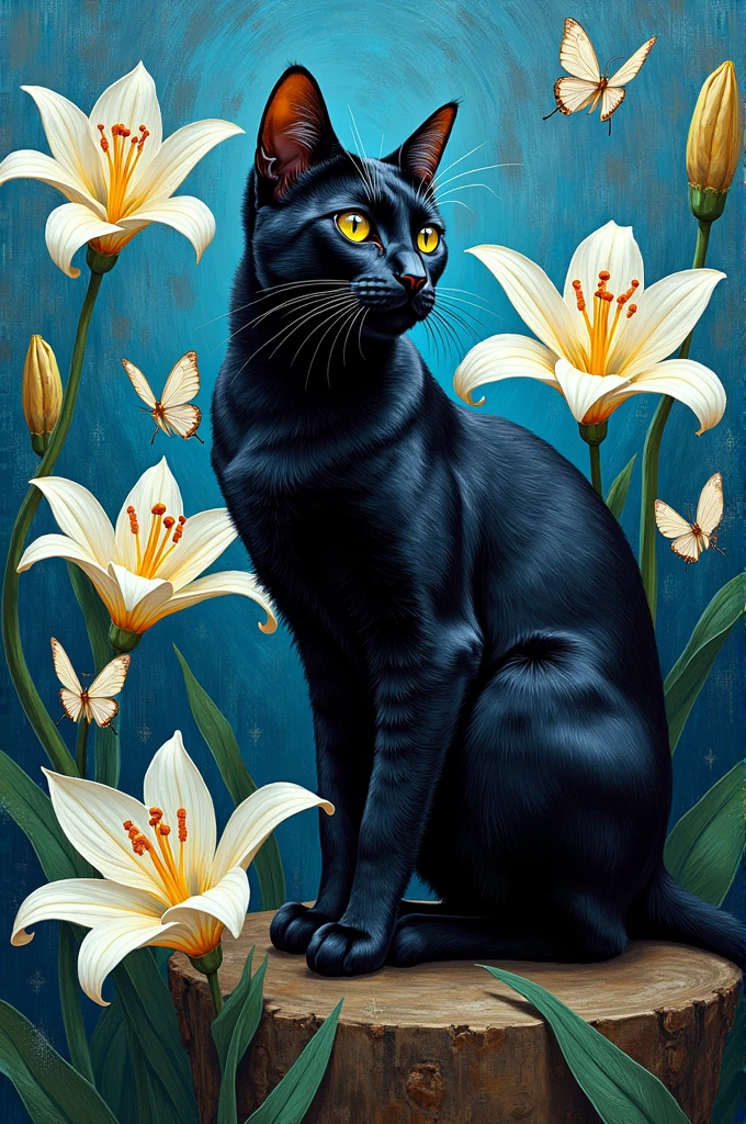 You can generate the Van Gogh lily painting and on the right side you make a black cat and three white butterflies that are flying in different parts of the painting. 