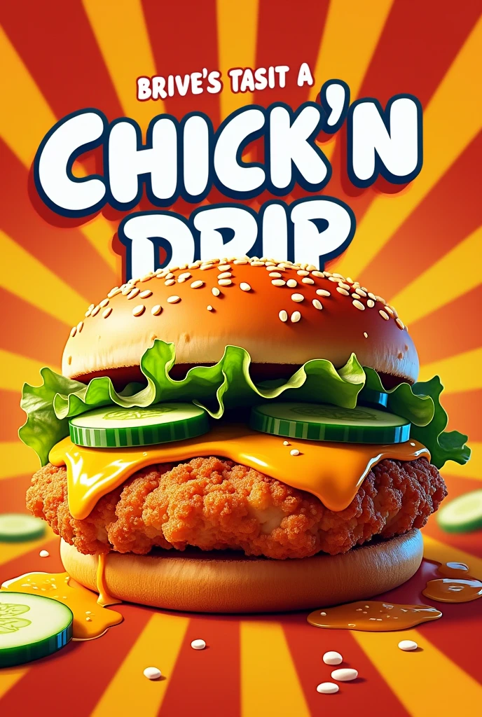 Create a sample illustration of an advertisement of an orange chicken flavored burger with mayonnaise, cucumber, lettuce, and secret sauce. Its title would be "Chick'N Drip" +The advertisement should grab the attention of students.