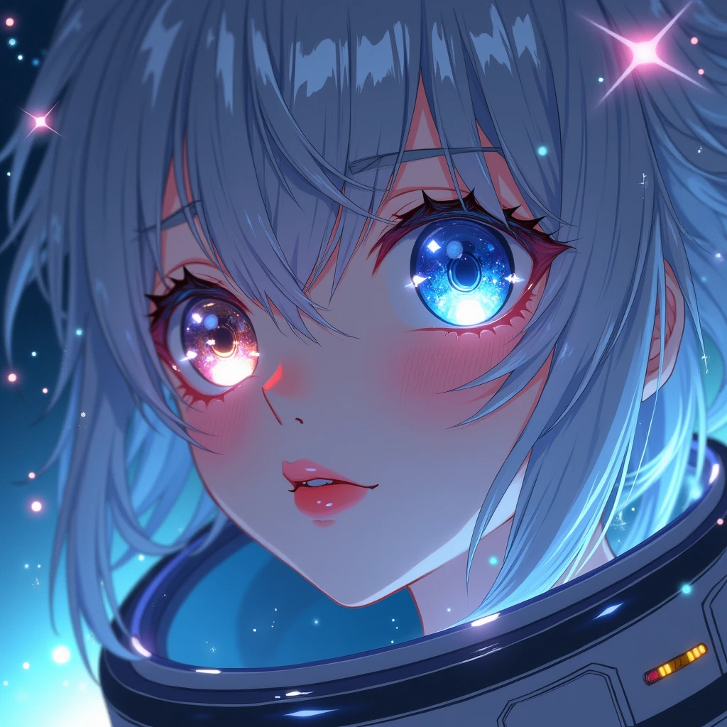 ( anime hd girl Close-up of a better masterpiece:1.5)0.9], (Space and astronauts:1.2) (Messy silver hair:1.1) (Heterochromia xanthochromia and blue eyes:1.2) (Space Helmet:1.0) (Colored stars in the eyes:1.0) (A radiant glow:1.1) (thick lips:0.9 red glossy lips from side angle of her face)
