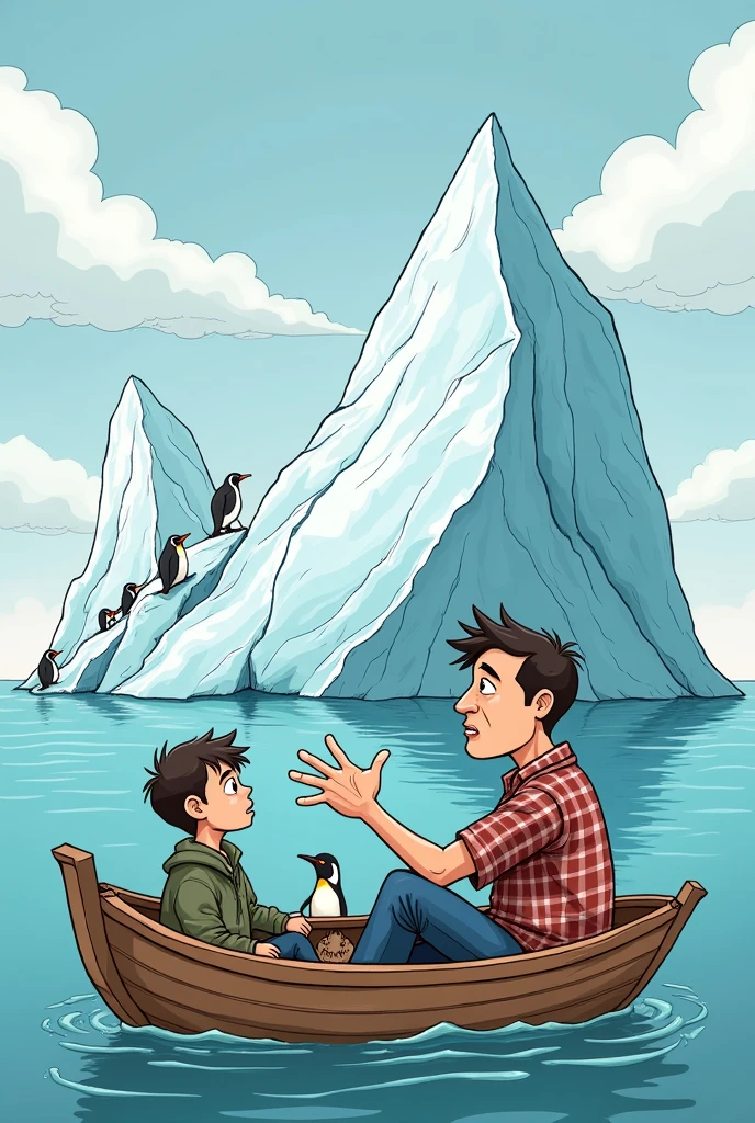 Generate a pictures landscape style Create an editorial cartoon of depicts a father and son in a boat, with a large iceberg melting and breaking (with penguins on top of the iceberg )in the background. The father is pointing at the melting iceberg and telling his son that one day he will have to solve the problem of climate change.