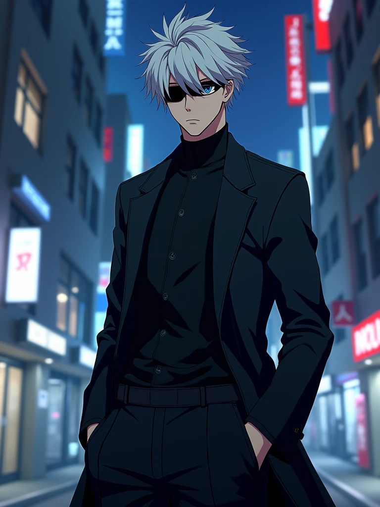 ((masterpiece, 8K, best quality, high resolution:1.3)), (an ultra-realistic version of the character Satoru Gojo from the series Jujutsu Kaisen:1.2), (he is portrayed as slim and with delicate features:1.2), (his hair is white, slightly messy, and falls over his forehead, usually styled upwards:1.2), (his eyes are bright and piercing blue, but he often hides them behind a black blindfold or dark sunglasses:1.2), (he is wearing a black outfit consisting of a high-collared coat and matching pants, giving him an elegant and imposing appearance:1.2), (his style is confident and casual, reflecting his charismatic and powerful personality:1.2), (the background features a modern urban setting with tall buildings and neon lights:1.2), (the scene is set at night, with the city lights creating a vibrant and atmospheric backdrop:1.2), (his expression is serious and focused, capturing the essence of the character:1.2), (Canon EOS 5DS R camera, perfect for capturing the detail and beauty of the scene:1.2), (paired with the Canon EF 85mm f/1.4L IS USM lens:1.2), (the scene is illuminated with dramatic, moody lighting from the city lights:1.2), (the composition showcases the intricate details of his outfit and the urban setting:1.2), (a moment frozen in time, capturing the essence of his powerful presence and style:1.3), (ultra photorealistic, highlighting his features and the vibrant city backdrop:1.3), (an image that transports viewers to a captivating and immersive moment:1.2), (a scene that exemplifies the beauty of a strong and charismatic character in a modern setting:1.2)