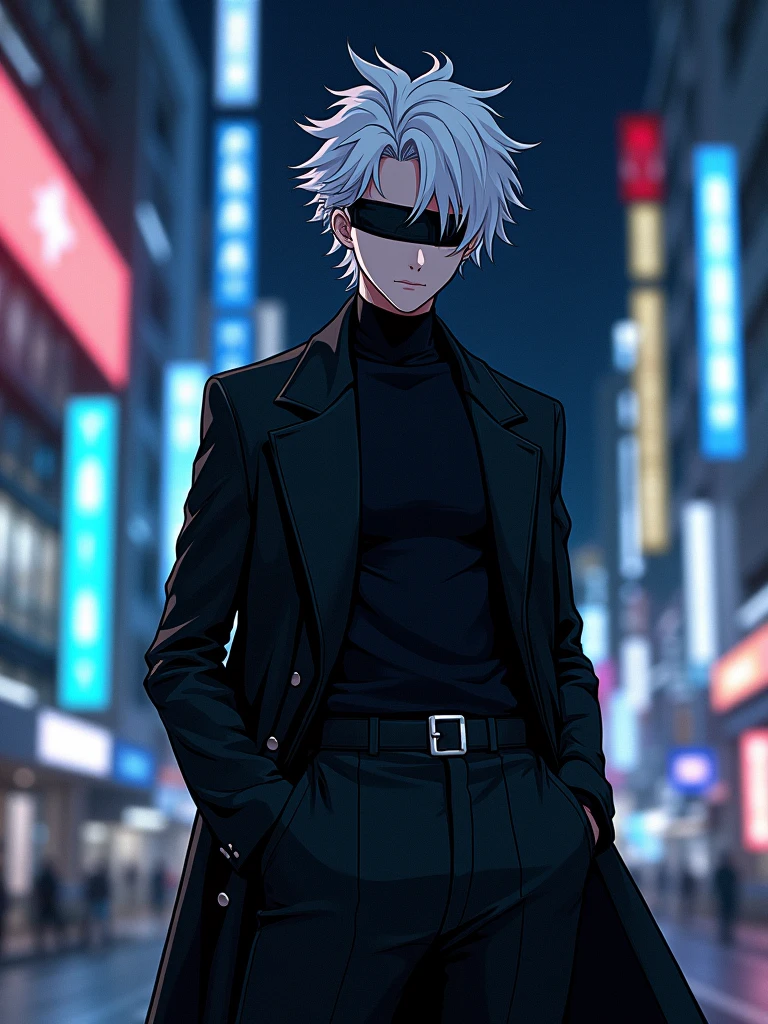 ((masterpiece, 8K, best quality, high resolution:1.3)), (an ultra-realistic version of the character Satoru Gojo from the series Jujutsu Kaisen:1.2), (he is portrayed as slim and with delicate features:1.2), (his hair is white, slightly messy, and falls over his forehead, usually styled upwards:1.2), (his eyes are bright and piercing blue, but he often hides them behind a black blindfold or dark sunglasses:1.2), (he is wearing a black outfit consisting of a high-collared coat and matching pants, giving him an elegant and imposing appearance:1.2), (his style is confident and casual, reflecting his charismatic and powerful personality:1.2), (the background features a modern urban setting with tall buildings and neon lights:1.2), (the scene is set at night, with the city lights creating a vibrant and atmospheric backdrop:1.2), (his expression is serious and focused, capturing the essence of the character:1.2), (Canon EOS 5DS R camera, perfect for capturing the detail and beauty of the scene:1.2), (paired with the Canon EF 85mm f/1.4L IS USM lens:1.2), (the scene is illuminated with dramatic, moody lighting from the city lights:1.2), (the composition showcases the intricate details of his outfit and the urban setting:1.2), (a moment frozen in time, capturing the essence of his powerful presence and style:1.3), (ultra photorealistic, highlighting his features and the vibrant city backdrop:1.3), (an image that transports viewers to a captivating and immersive moment:1.2), (a scene that exemplifies the beauty of a strong and charismatic character in a modern setting:1.2)