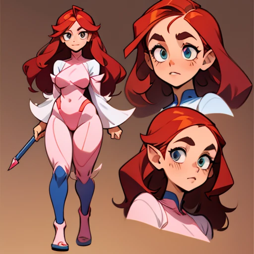 A girl with deep red hair, with a bright and striking tone.
- Her hair is short and slightly wavy, reaching just above her shoulders.
- She wears straight bangs that cover her forehead and mix with longer strands on the sides of her face, framing it softly.
- with a pair of longer strands sticking out at the height of her ears, adding a youthful touch to her style.

- Her face has a slightly rounded shape, with soft cheeks and a youthful air.
- Suletta has brown and pink skin, which stands out with her red hair.
- Her eyes are large and golden in color, with a warm and expressive glow that reflects her innocence and kindness.
- Her eyebrows are thin and a similar tone to her hair, gently arched, giving her a generally friendly and slightly shy expression.
- Her nose is small and slightly upturned.
- Her lips are thin and a soft pink tone, with a natural curve that suggests a subtle smile.

Her build is slim but with a slightly more robust build with soft curves that give her a more youthful air but with wide hips.
- Her posture is usually a little more relaxed and less rigid, sometimes reflecting nervousness or shyness..

Dressed in White with blue, red and yellow highlights  erotic  latex Lingerie  and with Technological elements 

(((character sheet))) ((various views)) ((front and back) (full body)