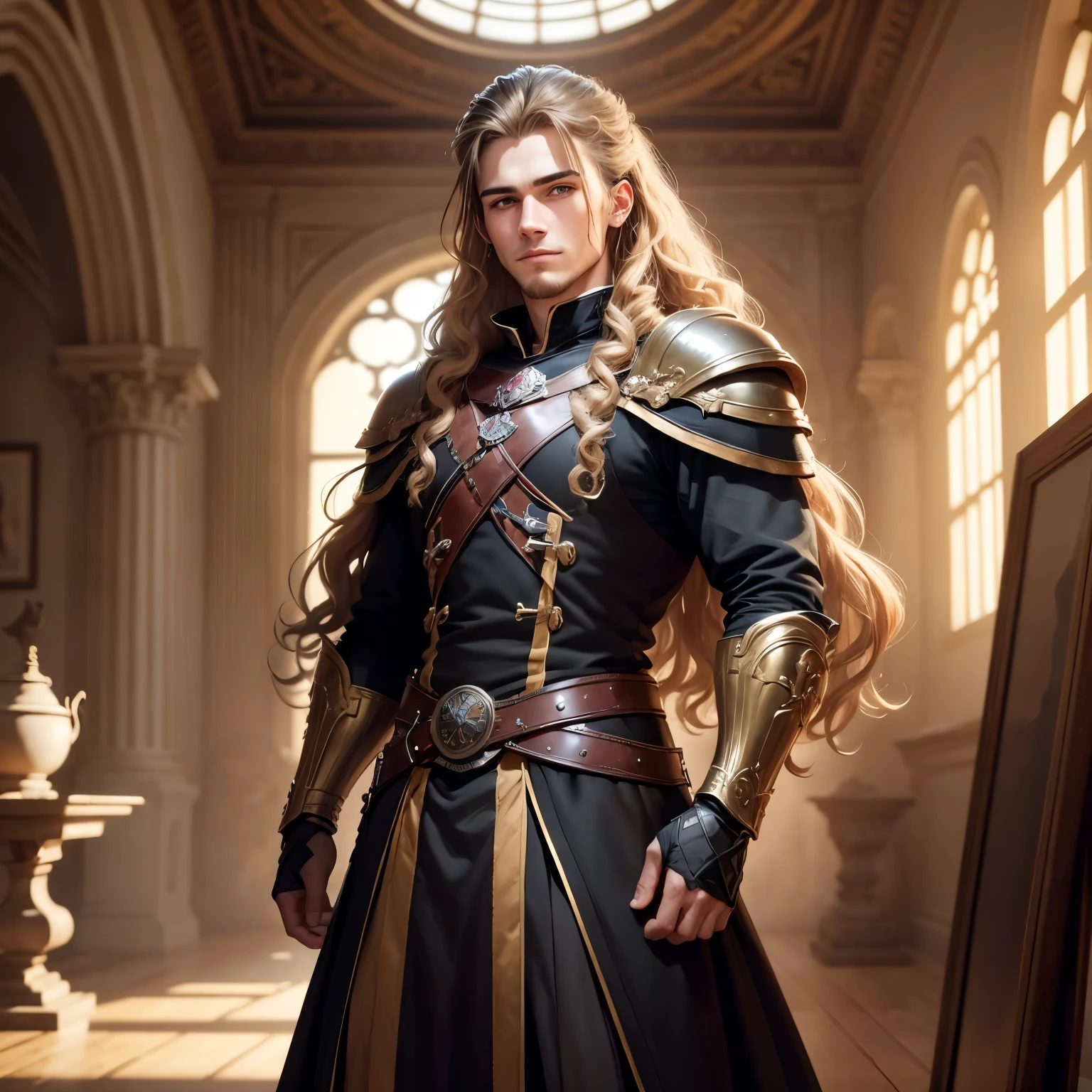 ((best qualityer)), ((work of art)), (detailded), 8k, 4K, hight contrast, work of art, Meticulous attention to facial features and hair strands, 20 year old young man, an adventurous man with long curly blond hair ,black mantle,layer , Arms crossed pose ,battle costume ,slightly-smile,in the background a castle hall ,clear lighting, detailed shadows