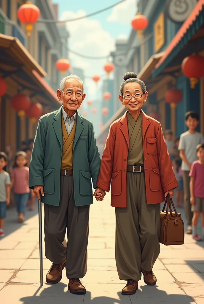 Old asian couple Holding hands, walking On the street , their grand chldren waiting for them