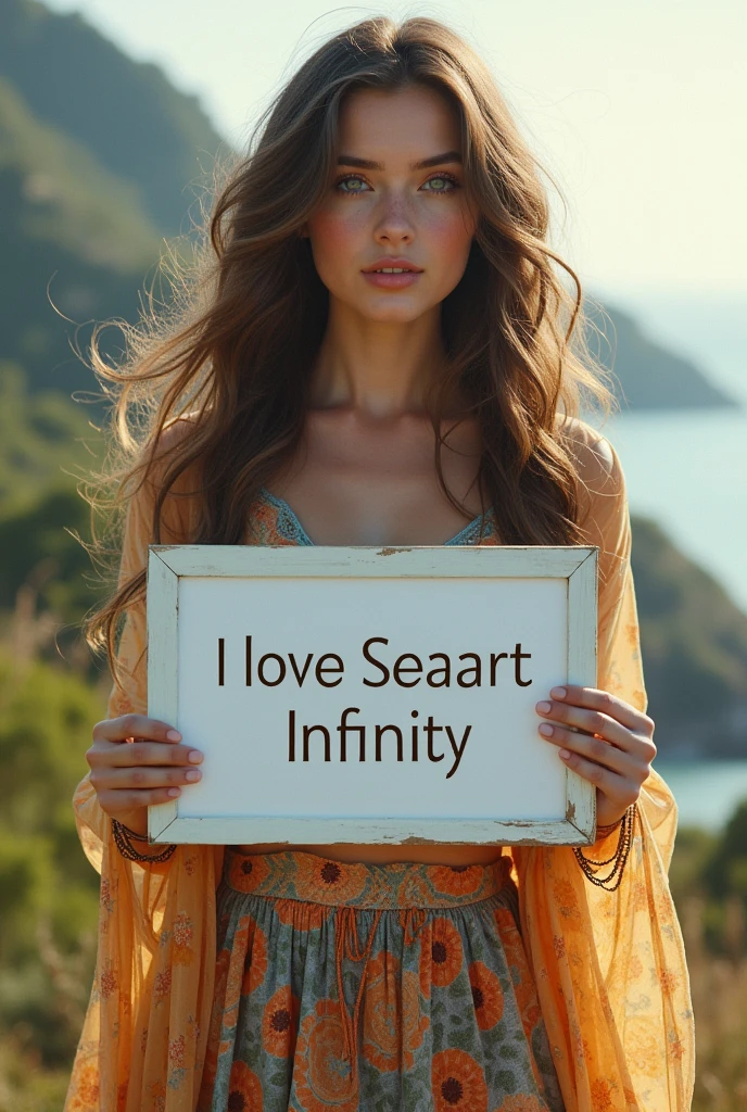 Beautiful girl with wavy long hair, bohemian dress, holding a white board with text "I Love Seaart Infinity" and showing it to