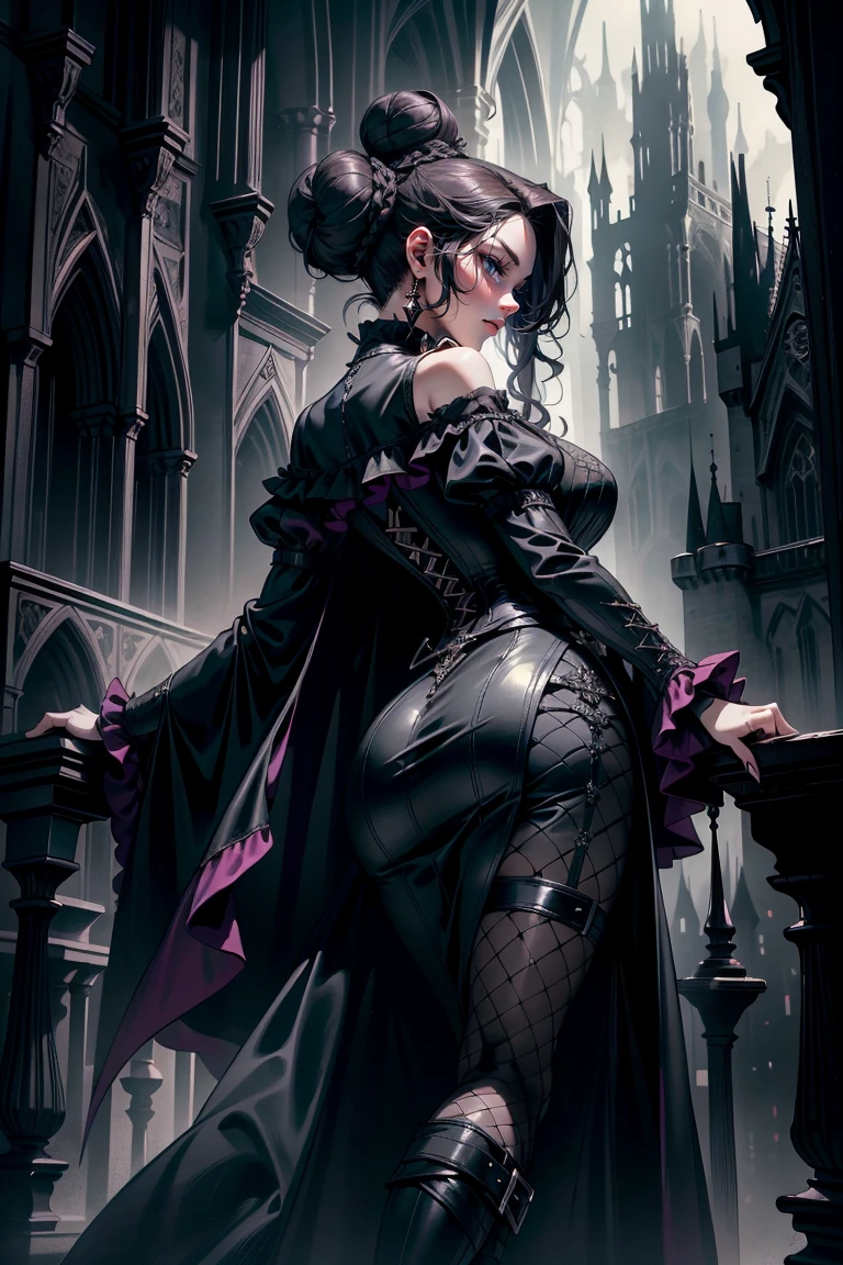 (masterpiece, top quality, best quality, official art, beautiful and aesthetic: 1.2), (1 woman: 1.3), long curly dark brown hair, ((fancy bun)), Victorian style, Victorian classic, extremely detailed, portrait, looking at the viewer, solo, (full body: 0.6), detailed background, close-up, mischievous eyes, (cold midnight castle theme: 1.1), vampire, long fangs, blood on chin, huge lips, charlatan, mischievous smile, mysterious, being seductive on the balcony, revealing gothic dress, extremely tight bodice, black costume, magenta skirts, off-the-shoulder, long sleeves, loose sleeves, black leather , cape, corset, black dress, fishnets, black high boots, buckles, straps, bags, glowing blood magic energy, dark magenta fabric, silver trim, black leather, extremely slim, slim waist, slim hips, medieval background (gothic castle exterior: 1.1), nocturnal, dark and mysterious lighting, shadows, magical atmosphere, Dancing lightly. backwadrs, Looking back. Very sexy, with chin resting on shoulder, abigail larson art style