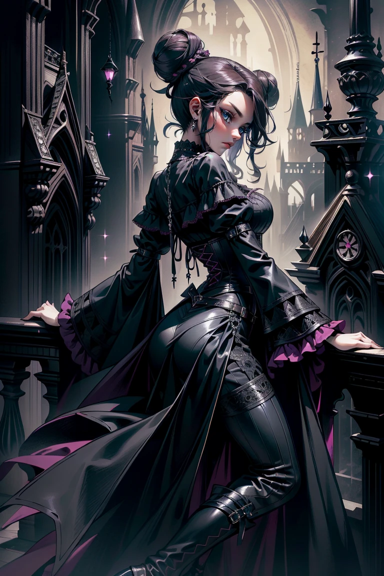 (masterpiece, top quality, best quality, official art, beautiful and aesthetic: 1.2), (1 woman: 1.3), long curly dark brown hair, ((fancy bun)), Victorian style, Victorian classic, extremely detailed, portrait, looking at the viewer, solo, (full body: 0.6), detailed background, close-up, mischievous eyes, (cold midnight castle theme: 1.1), vampire, long fangs, blood on chin, huge lips, charlatan, mischievous smile, mysterious, being seductive on the balcony, revealing gothic dress, extremely tight bodice, black costume, magenta skirts, off-the-shoulder, long sleeves, loose sleeves, black leather , cape, corset, black dress, fishnets, black high boots, buckles, straps, bags, glowing blood magic energy, dark magenta fabric, silver trim, black leather, extremely slim, slim waist, slim hips, medieval background (gothic castle exterior: 1.1), nocturnal, dark and mysterious lighting, shadows, magical atmosphere, Dancing lightly. backwadrs, Looking back. Very sexy, with chin resting on shoulder, abigail larson art style