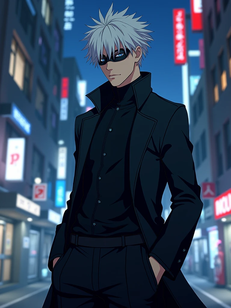 ((masterpiece, 8K, best quality, high resolution:1.3)), (an ultra-realistic version of the character Satoru Gojo from the series Jujutsu Kaisen:1.2), (he is portrayed as slim and with delicate features:1.2), (his hair is white, slightly messy, and falls over his forehead, usually styled upwards:1.2), (his eyes are bright and piercing blue, but he often hides them behind a black blindfold or dark sunglasses:1.2), (he is wearing a black outfit consisting of a high-collared coat and matching pants, giving him an elegant and imposing appearance:1.2), (his style is confident and casual, reflecting his charismatic and powerful personality:1.2), (the background features a modern urban setting with tall buildings and neon lights:1.2), (the scene is set at night, with the city lights creating a vibrant and atmospheric backdrop:1.2), (his expression is serious and focused, capturing the essence of the character:1.2), (Canon EOS 5DS R camera, perfect for capturing the detail and beauty of the scene:1.2), (paired with the Canon EF 85mm f/1.4L IS USM lens:1.2), (the scene is illuminated with dramatic, moody lighting from the city lights:1.2), (the composition showcases the intricate details of his outfit and the urban setting:1.2), (a moment frozen in time, capturing the essence of his powerful presence and style:1.3), (ultra photorealistic, highlighting his features and the vibrant city backdrop:1.3), (an image that transports viewers to a captivating and immersive moment:1.2), (a scene that exemplifies the beauty of a strong and charismatic character in a modern setting:1.2)