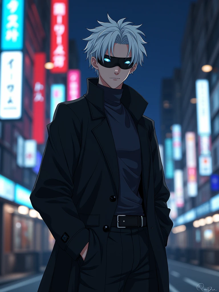 ((masterpiece, 8K, best quality, high resolution:1.3)), (an ultra-realistic version of the character Satoru Gojo from the series Jujutsu Kaisen:1.2), (he is portrayed as slim and with delicate features:1.2), (his hair is white, slightly messy, and falls over his forehead, usually styled upwards:1.2), (his eyes are bright and piercing blue, but he often hides them behind a black blindfold or dark sunglasses:1.2), (he is wearing a black outfit consisting of a high-collared coat and matching pants, giving him an elegant and imposing appearance:1.2), (his style is confident and casual, reflecting his charismatic and powerful personality:1.2), (the background features a modern urban setting with tall buildings and neon lights:1.2), (the scene is set at night, with the city lights creating a vibrant and atmospheric backdrop:1.2), (his expression is serious and focused, capturing the essence of the character:1.2), (Canon EOS 5DS R camera, perfect for capturing the detail and beauty of the scene:1.2), (paired with the Canon EF 85mm f/1.4L IS USM lens:1.2), (the scene is illuminated with dramatic, moody lighting from the city lights:1.2), (the composition showcases the intricate details of his outfit and the urban setting:1.2), (a moment frozen in time, capturing the essence of his powerful presence and style:1.3), (ultra photorealistic, highlighting his features and the vibrant city backdrop:1.3), (an image that transports viewers to a captivating and immersive moment:1.2), (a scene that exemplifies the beauty of a strong and charismatic character in a modern setting:1.2)