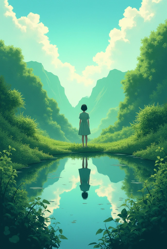 4K,Every green空 carries the promise of a new dawn, Paving the way for a beautiful beginning,Beautiful nature paintings. green,green空, green、A woman is reflected in the photo.、Back view, anime style, (Amazingly absurd:1.2), (masterpiece:1.2)