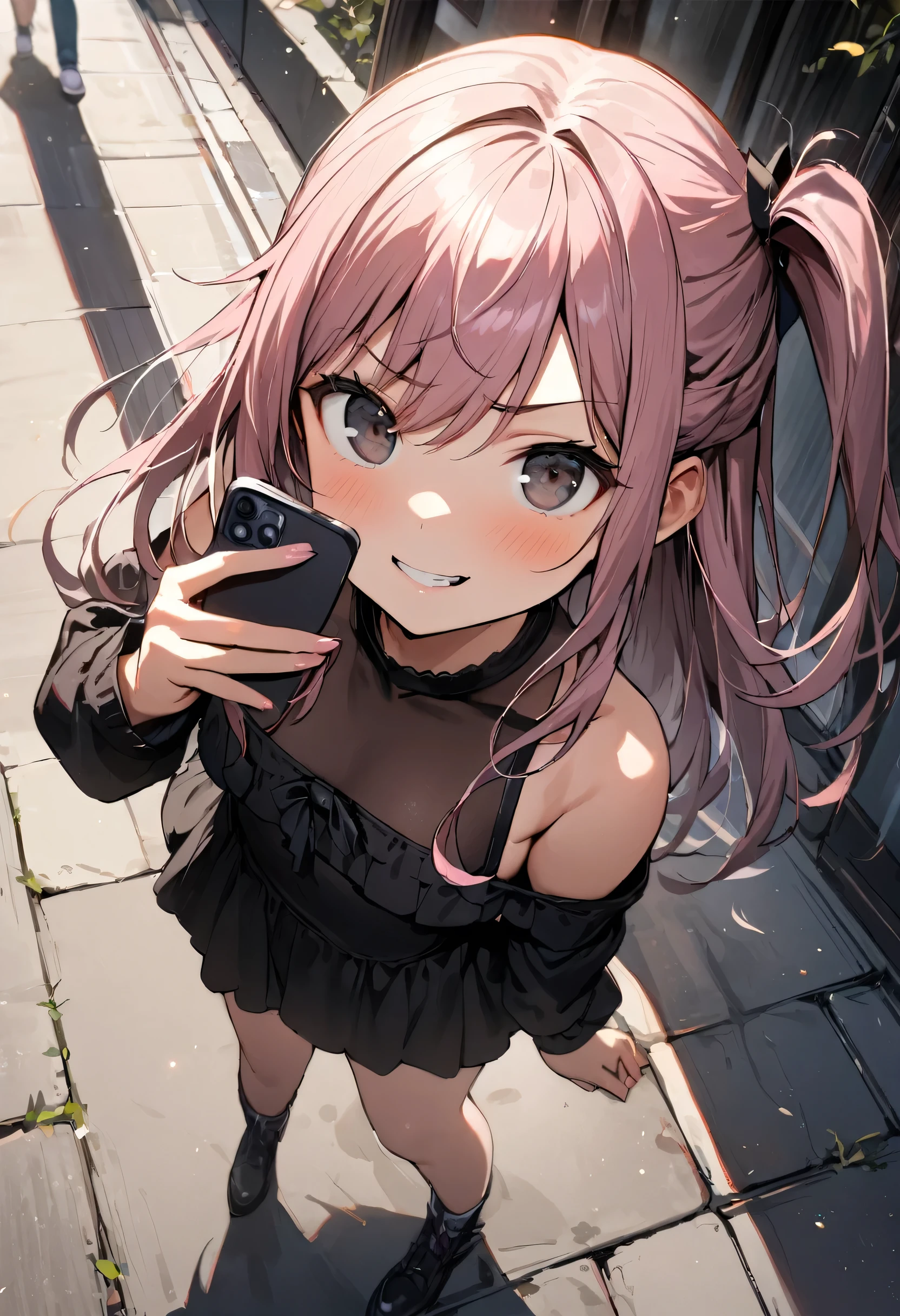 (((1girl))), ((little girl)), whole body, perfect face, medium breasts, looking at viewer, (((half updo))), (one side up), Mauve pink hair, long hair,off-shoulder shirt, tsurime, black eyes, evil grin, holding phone, Framing a shot with a phone, sidewalk, dynamic angle, masterpiece, best quality, high details, anatomically correct, high quality, best quality