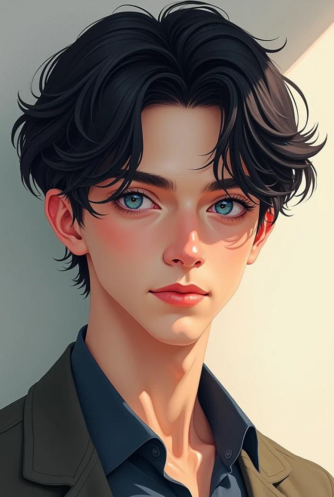 Beautiful handsome college boy with slightly wavy black hair, blue eyes in 2D picture