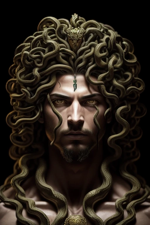 ((male medusa)), ((the hair is composed of countless small snakes)), ((cobertura da parte superior do corpo com cobras)), (cara de olho de cobra verde, hands on cheeks, Rosto alto e detalhado, olhos altamente detalhados, 16k, Foto RAW, best quality, master part, Foto colorida RAW de alto detalhe, dramatic lighting, Cinematic lighting,