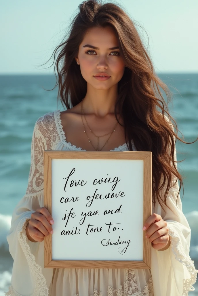Beautiful girl with wavy long hair, bohemian dress, holding a white board with text "I Love Seaart Infinity" and showing it to the viewer