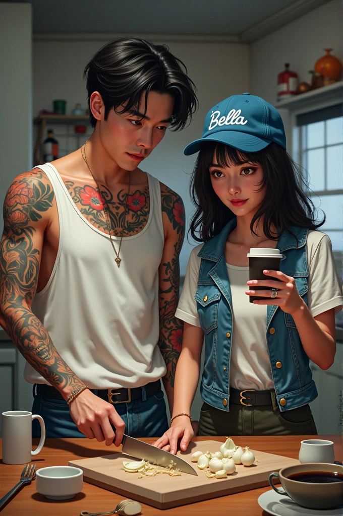 a 30 year old Korean man, tattooed with the signature gun&#39;s and roses logo, wearing a white silk singlet, is slicing onions,looks like red man&#39;s eyes. and beside him there is a woman smiling,wearing a jeans vest, White shirt, blue backflip hat with writing "Bella", playing on a cellphone while enjoying coffee. 
background of a kitchen is a bit random