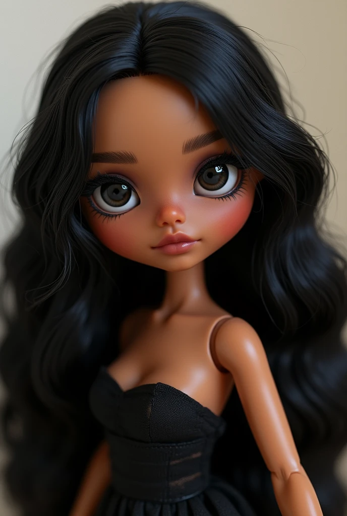 17 year old Blythe doll medium brown skin Long wavy black hair, no bangs middle part hair and black eyes

