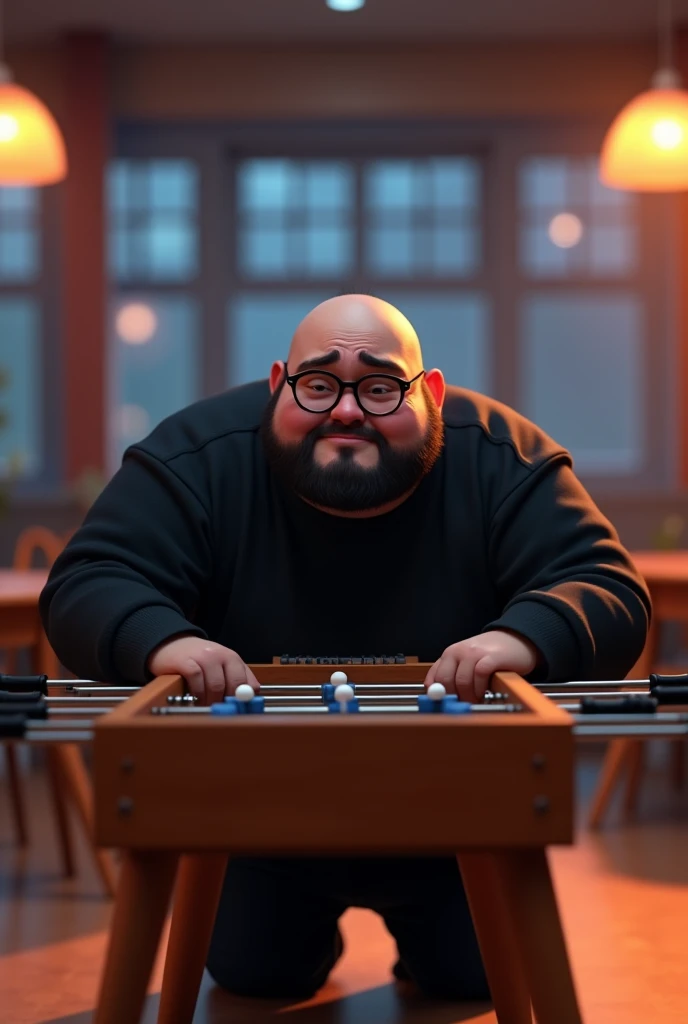 Create a Disney Pixar template image, of a 25 year old adult male crying, tears streaming from his eyes like a child, sad kneeling behind a foosball table, leaning on it, with the result of 5x0 as if it were the title of a Disney movie. This man is chubby but not too much, wears a black sweatshirt and black pants, black sneakers too. He wears glasses, has a medium black beard with gaps on the cheeks, but it covers the entire face, and he is bald in the front, with side entrances, and has straight black hair. He is very sad about the 5x0 result