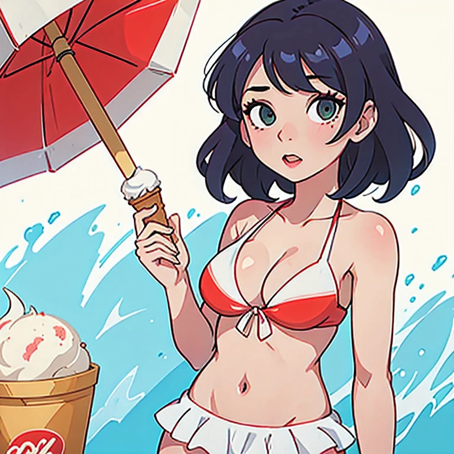 girl in a bikini eating an ice cream cone, eating ice cream, in a bikini, angela white, giorgia meloni, katy perry, in bikini, eating ice - cream, wearing spandex bikini, ice cream on the side, bikini, ice cream, wearing a bikini, candid photo of dirty, shiny plastic bikini, candid shot, cone, 1 girl, solo,in a green dress standing by a wall,portrait of female idol
