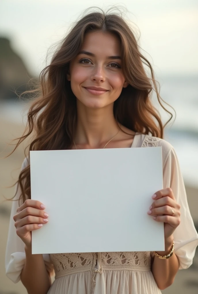 Beautiful girl with wavy long hair, bohemian dress, holding a white board with text "I Love Seaart Infinity" and showing it to the viewer