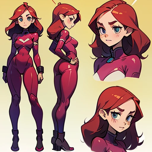 A girl with deep red hair, with a bright and striking tone.
- Her hair is short and slightly wavy, reaching just above her shoulders.
- She wears straight bangs that cover her forehead and mix with longer strands on the sides of her face, framing it softly.
- with a pair of longer strands sticking out at the height of her ears, adding a youthful touch to her style.

- Her face has a slightly rounded shape, with soft cheeks and a youthful air.
- Suletta has brown and pink skin, which stands out with her red hair.
- Her eyes are large and golden in color, with a warm and expressive glow that reflects her innocence and kindness.
- Her eyebrows are thin and a similar tone to her hair, gently arched, giving her a generally friendly and slightly shy expression.
- Her nose is small and slightly upturned.
- Her lips are thin and a soft pink tone, with a natural curve that suggests a subtle smile.

Her build is slim but with a slightly more robust build with soft curves that give her a more youthful air but with wide hips.
- Her posture is usually a little more relaxed and less rigid, sometimes reflecting nervousness or shyness..

Erotic latex suit  and with Technological elements 

(((character sheet))) ((various views)) ((front and back) (full body)