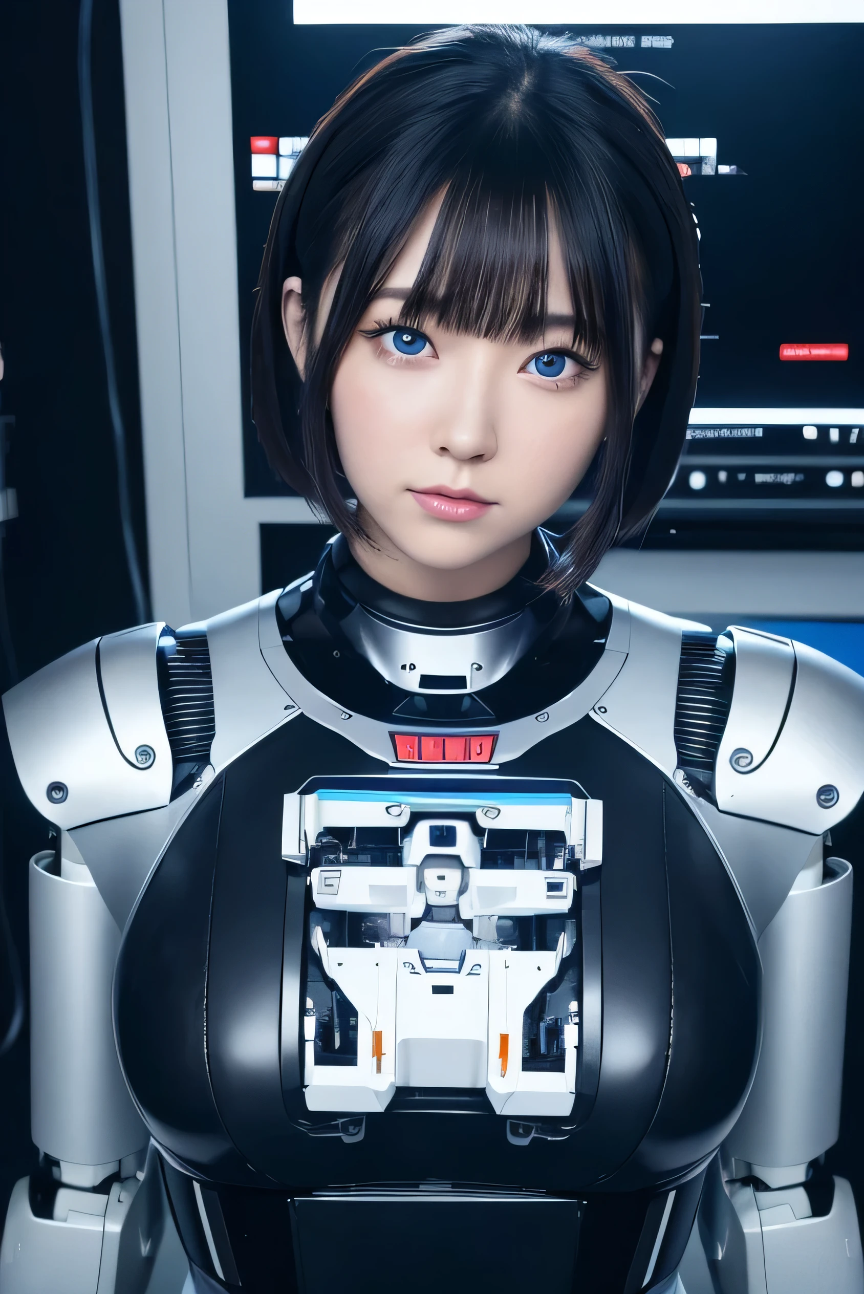 masterpiece, best quality, extremely detailed, Japaese android girl,portrait,Plump,a bit chubby,control panels,android,Droid,Mechanical Hand, Robot arms and legs, Black hair,Blunt bangs,perfect robot girl,long tube,thick cable connected her neck,android,robot,humanoid,cyborg,japanese cyborg girl ,robot-assembly plant,She is assembling now,assembly scene,blue eyes,chest monitor