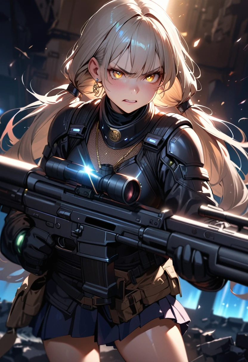 masterpiece, Highest quality, (((Ruined battlefield)))、(((Angry Face)))、Raising awareness, Large firearms, プラチナEarrings, Platinum Necklace, Black combat suit,Carrying a weapon, One Girl, cute, (Dynamic Lighting:1.2), Cinema Lighting, Delicate facial features, Detailed eyes, Sharp pupils, Realistic student, Written boundary depth, ボケ Written boundary depth, Sharp focus, (Very detailed, bloom, Shine:1.4), Lots of little gems, (((long_hair))),　Twin tails、Earrings、分けた前hair、銀hair、whole body、Ultra close-up footage、The top is transparent up to the chest.、See-through design。The bottoms are a very short navy blue pleated skirt.、Fits snugly around the waist。The background is simple white.、this、The text is easier to see.。The light source is a soft light from the front....、The overall atmosphere is bright and clean....。
