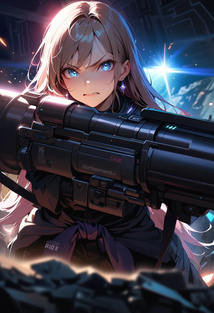 masterpiece, Highest quality, (((Ruined battlefield)))、(((Angry Face)))、Raising awareness, Large firearms, プラチナEarrings, Platinum Necklace, Black combat suit,Carrying a weapon, One Girl, cute, (Dynamic Lighting:1.2), Cinema Lighting, Delicate facial features, Detailed eyes, Sharp pupils, Realistic student, Written boundary depth, ボケ Written boundary depth, Sharp focus, (Very detailed, bloom, Shine:1.4), Lots of little gems, (((long_hair))), Twin tails、Earrings、分けた前hair、銀hair、whole body、Ultra close-up footage、The top is transparent up to the chest.、See-through design。The bottoms are a very short navy blue pleated skirt.、Fits snugly around the waist。The background is simple white.、this、The text is easier to see.。The light source is a soft light from the front....、The overall atmosphere is bright and clean....。