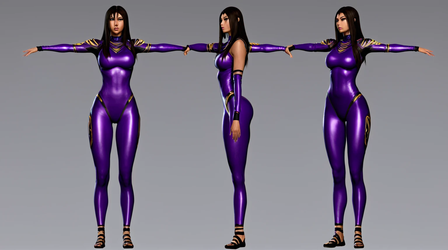 kunoichi, amazoness, bodysuit, slim, curvy, fit, concept, long hair, 3d, game character, ultra-detailed, Score_9, score_8_up, detailed face, detailed outfit, high quality, high detail, 8k, uhd, detailed face, detailed eyes, ultra-detailed, multiple views, full body turnaround, facing the left, seen from the front, front view, 3/4 front view, side view, profile view, side profile view, 3/4 side view, high detail, high quality, uhd, 8k, Score_9, score_8_up