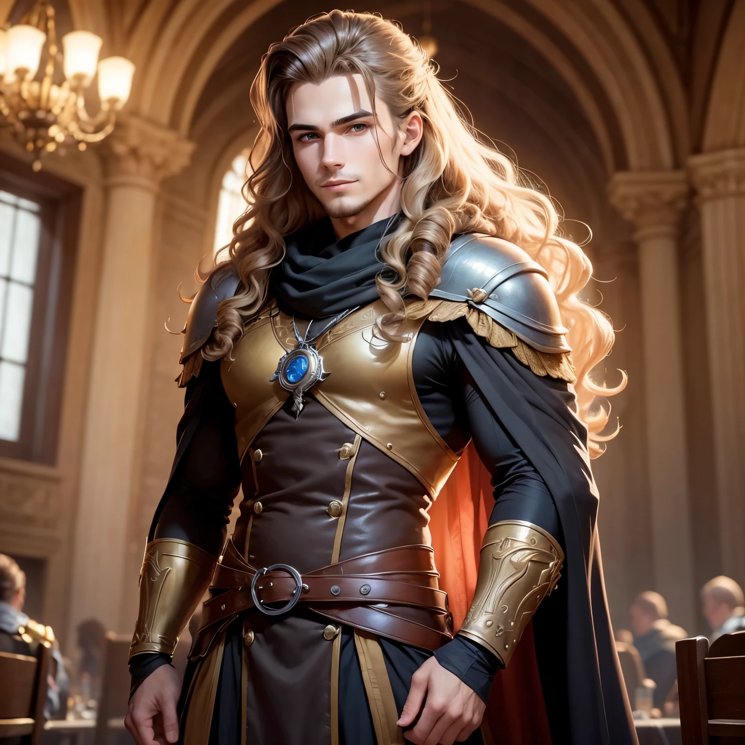 ((best qualityer)), ((work of art)), (detailded), 8k, 4K, hight contrast, work of art, Meticulous attention to facial features and hair strands, 20 year old young man, an adventurous man with long curly blond hair ,black mantle,layer , Arms crossed pose ,battle costume ,slightly-smile,in the background a castle hall ,clear lighting, detailed shadows