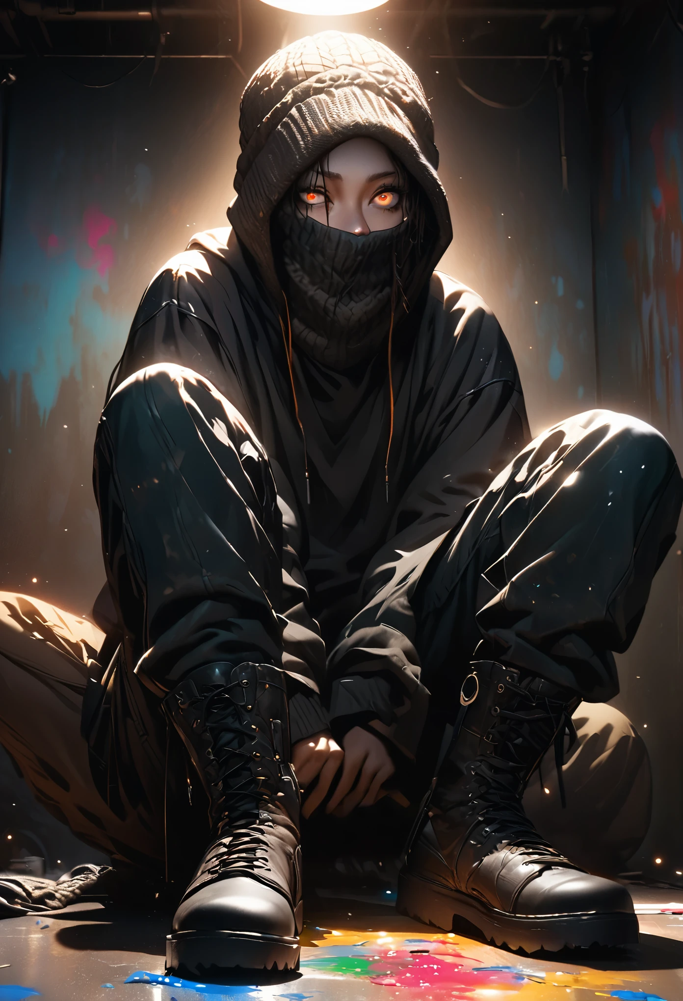 masterpiece, best quality, extremely detailed CG unity 8k wallpaper, This illustration uses a rapper as a model and is very cool. It has large, sharp eyes and a knitted cap that covers its face. A hood is worn over a knitted hat. is wearing pants. He is wearing black high-cut boots. I sit with my legs stretched out in front of a large, paint-stained wall. The background is a realistic dark slum. spotlight light. Bokeh photography, (soft) focus):1.2, out of focus highlights, dreamy atmosphere, glowing circles, mesmerizing depth, depth of field