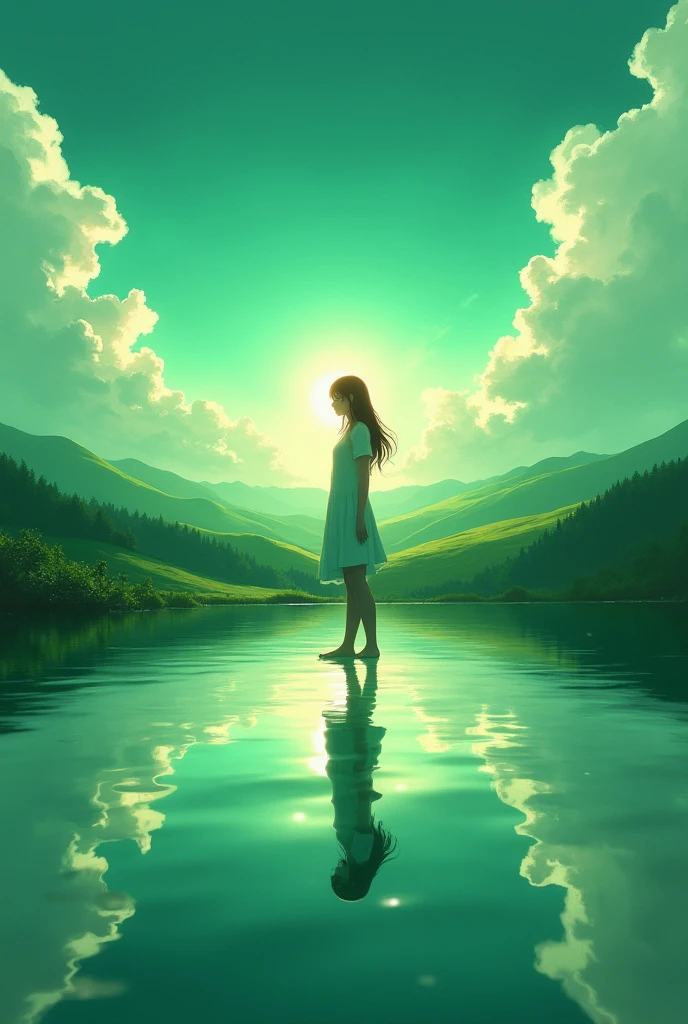 4K,Every green空 carries the promise of a new dawn, Paving the way for a beautiful beginning,Beautiful nature paintings. green,green空, green、A woman is reflected in the photo.、side view, anime style, (Amazingly absurd:1.2), (masterpiece:1.2)